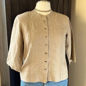 J. Jill taupe linen button down pleated embroidered mandarin collar blouse Small